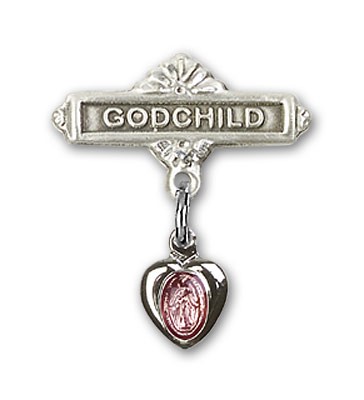Baby Pin with Pink Miraculous Heart Shaped Charm and Godchild Badge Pin - Sterling Silver | Pink Enamel