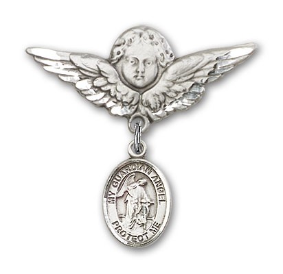 Pin Badge with Guardian Angel Charm and Angel with Larger Wings Badge Pin - Silver tone