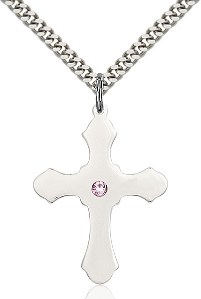 Large High Polished Soft Edge Cross Pendant with Birthstone Options - Light Amethyst