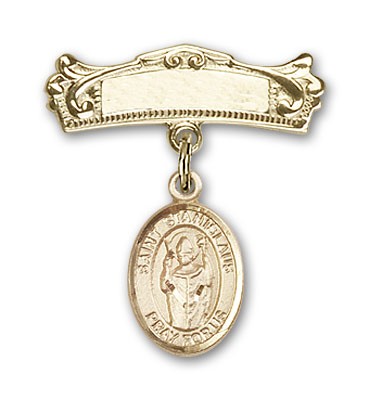 Pin Badge with St. Stanislaus Charm and Arched Polished Engravable Badge Pin - Gold Tone