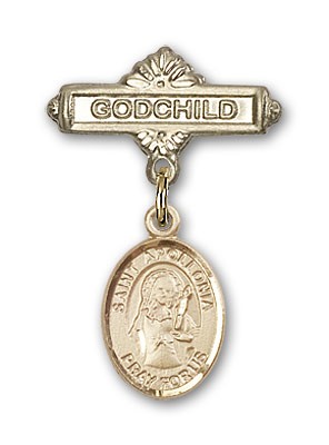 Pin Badge with St. Apollonia Charm and Godchild Badge Pin - Gold Tone