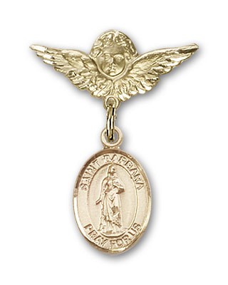 Pin Badge with St. Barbara Charm and Angel with Smaller Wings Badge Pin - 14K Solid Gold