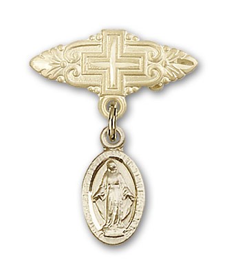 Pin Badge with Blue Miraculous Charm and Badge Pin with Cross - Gold Tone