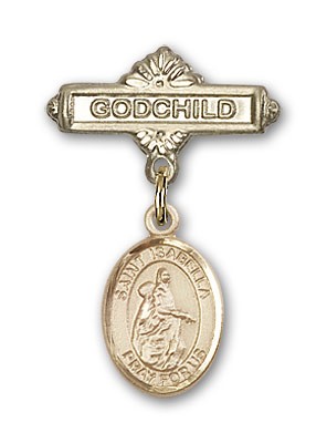 Pin Badge with St. Isabella of Portugal Charm and Godchild Badge Pin - Gold Tone