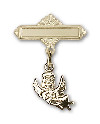 Baby Pin with Guardian Angel Charm and Polished Engravable Badge Pin - Gold Tone
