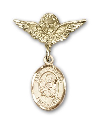 Pin Badge with St. Raymond Nonnatus Charm and Angel with Smaller Wings Badge Pin - Gold Tone