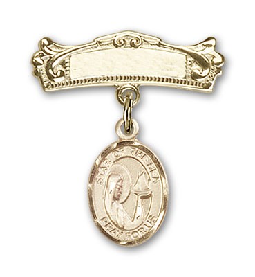 Pin Badge with Our Lady Star of the Sea Charm and Arched Polished Engravable Badge Pin - Gold Tone