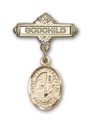 Pin Badge with St. Mary Magdalene Charm and Godchild Badge Pin - 14K Solid Gold