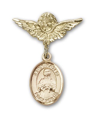 Pin Badge with St. Kateri Charm and Angel with Smaller Wings Badge Pin - Gold Tone