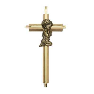 Praying Boy Oak &amp; Brass Baby Cross - 7&quot;H   - Light Brown