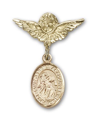 Pin Badge with St. Gabriel the Archangel Charm and Angel with Smaller Wings Badge Pin - Gold Tone