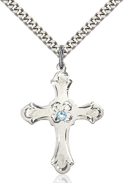 Budded Cross Pendant with Etched Border Birthstone Options - Aqua