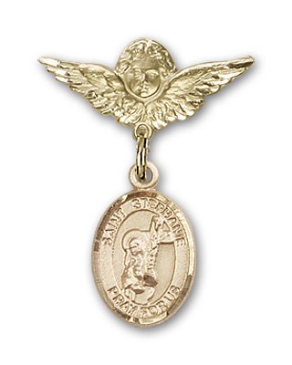 Pin Badge with St. Stephanie Charm and Angel with Smaller Wings Badge Pin - Gold Tone