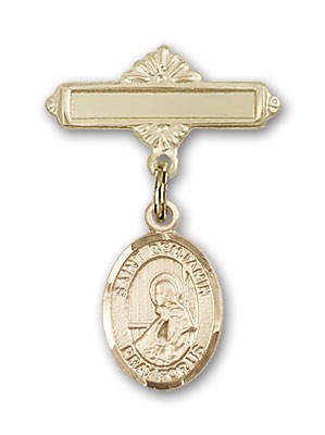 Pin Badge with St. Benjamin Charm and Polished Engravable Badge Pin - 14K Solid Gold
