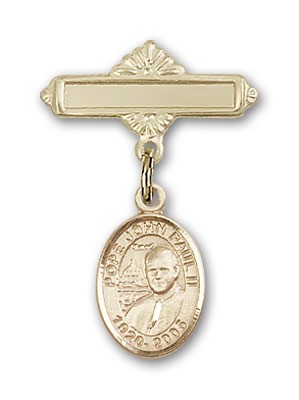 Pin Badge with Pope John Paul II Charm and Polished Engravable Badge Pin - Gold Tone