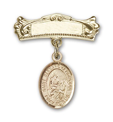 Pin Badge with St. Bernard of Montjoux Charm and Arched Polished Engravable Badge Pin - Gold Tone