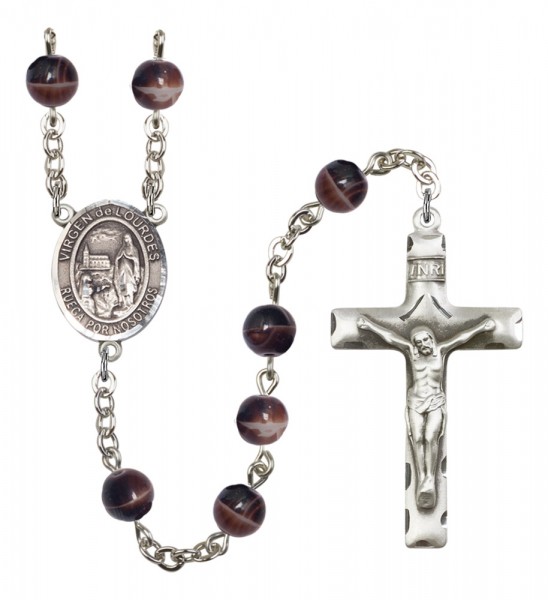 Men's Virgen del Lourdes Silver Plated Rosary - Brown