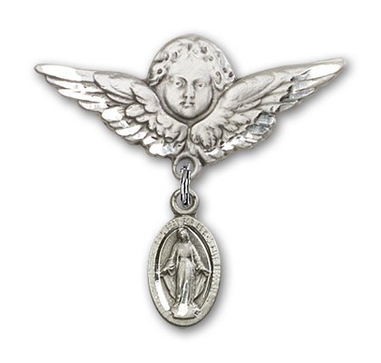 Pin Badge with Blue Miraculous Charm and Angel with Larger Wings Badge Pin - Silver tone