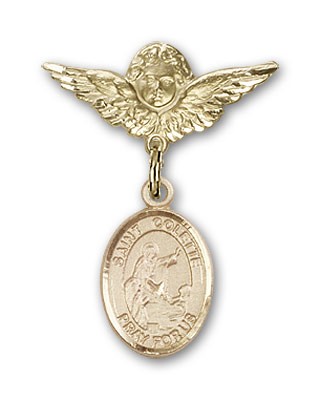 Pin Badge with St. Colette Charm and Angel with Smaller Wings Badge Pin - 14K Solid Gold