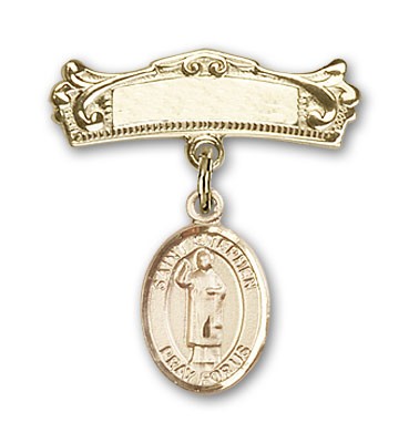 Pin Badge with St. Stephen the Martyr Charm and Arched Polished Engravable Badge Pin - Gold Tone