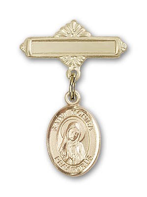 Pin Badge with St. Monica Charm and Polished Engravable Badge Pin - Gold Tone