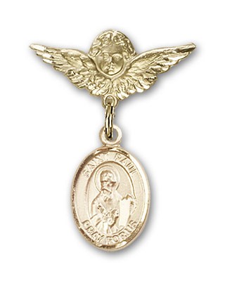 Pin Badge with St. Paul the Apostle Charm and Angel with Smaller Wings Badge Pin - 14K Solid Gold