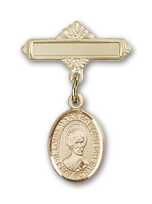 Pin Badge with St. Louis Marie de Montfort Charm and Polished Engravable Badge Pin - 14K Solid Gold