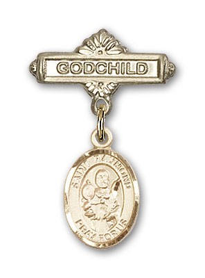 Pin Badge with St. Raymond Nonnatus Charm and Godchild Badge Pin - 14K Solid Gold