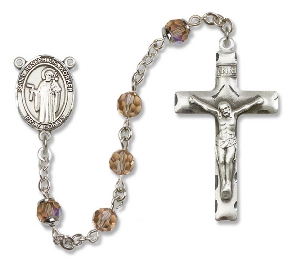 St. Joseph the Worker Sterling Silver Heirloom Rosary Squared Crucifix - Topaz