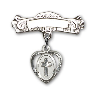 Pin Badge with Cross Charm and Arched Polished Engravable Badge Pin - Silver tone
