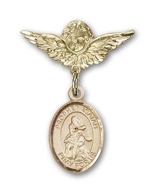 Pin Badge with St. Isaiah Charm and Angel with Smaller Wings Badge Pin - 14K Solid Gold