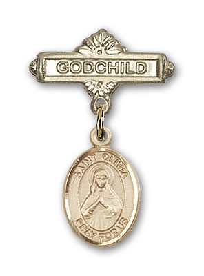 Pin Badge with St. Olivia Charm and Godchild Badge Pin - 14K Solid Gold