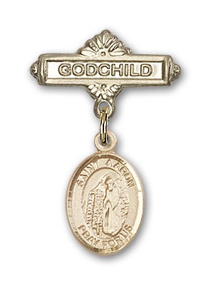 Pin Badge with St. Aaron Charm and Godchild Badge Pin - 14K Solid Gold