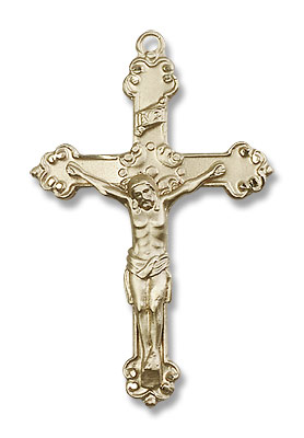 Antiqued Scroll Tip Crucifix Pendant - 14K Solid Gold