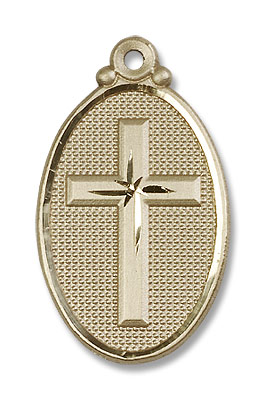 Raised Cross on Oval Pendant - 14K Solid Gold
