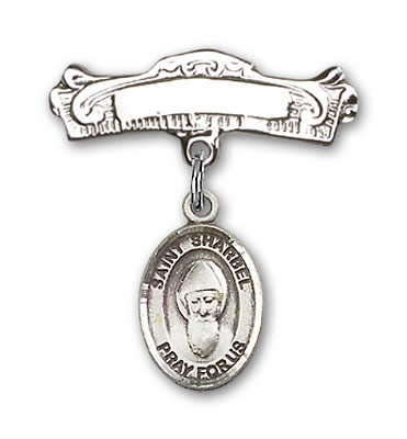 Pin Badge with St. Sharbel Charm and Arched Polished Engravable Badge Pin - Silver tone