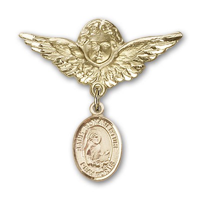 Pin Badge with St. Bonaventure Charm and Angel with Larger Wings Badge Pin - Gold Tone