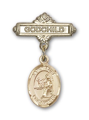 Pin Badge with St. Luke the Apostle Charm and Godchild Badge Pin - Gold Tone