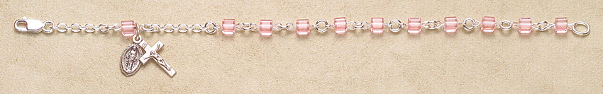 Rosary Bracelet - Sterling Silver with Light Rose Swarovski Cube - Rose