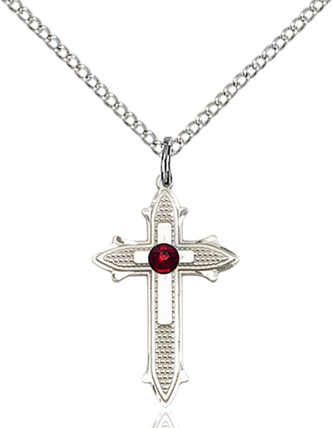 Polished and Textured Cross Pendant with Birthstone Options - Garnet