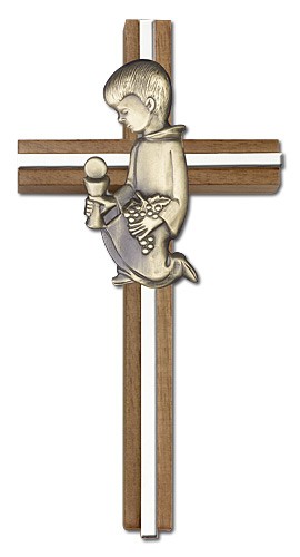 First Communion Boy Wall Cross in Walnut and Metal Inlay - 6 inch  - Two-Tone Silver