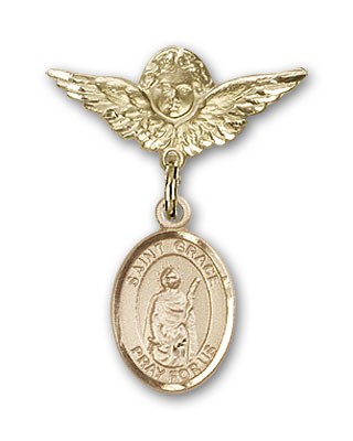Pin Badge with St. Grace Charm and Angel with Smaller Wings Badge Pin - Gold Tone