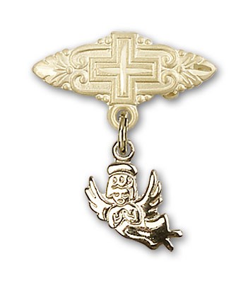 Baby Pin with Guardian Angel Charm and Badge Pin with Cross - Gold Tone