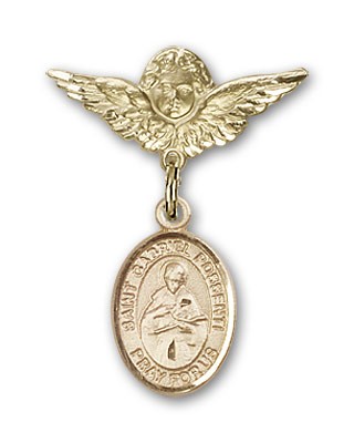 Pin Badge with St. Gabriel Possenti Charm and Angel with Smaller Wings Badge Pin - Gold Tone