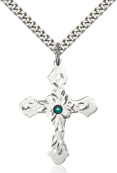 Floral and Petal Cross Pendant with Birthstone Options - Emerald Green