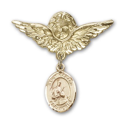 Pin Badge with St. Gerard Charm and Angel with Larger Wings Badge Pin - Gold Tone