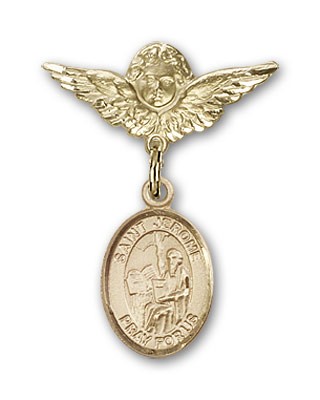 Pin Badge with St. Jerome Charm and Angel with Smaller Wings Badge Pin - Gold Tone