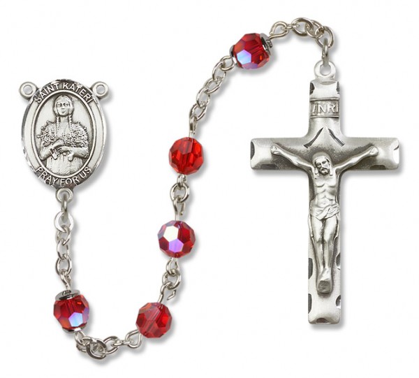 St. Kateri Sterling Silver Heirloom Rosary Squared Crucifix - Ruby Red