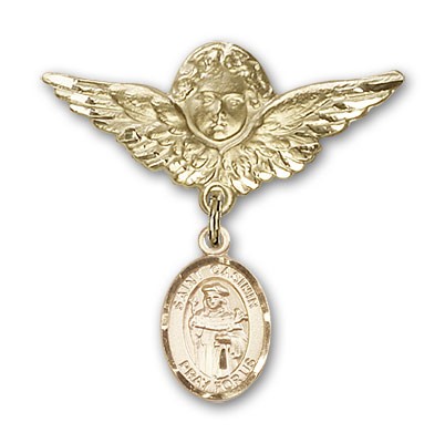 Pin Badge with St. Casimir of Poland Charm and Angel with Larger Wings Badge Pin - 14K Solid Gold