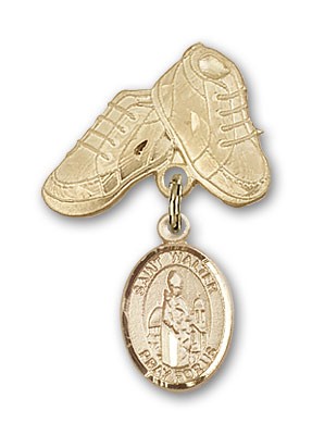 Pin Badge with St. Walter of Pontnoise Charm and Baby Boots Pin - 14K Solid Gold